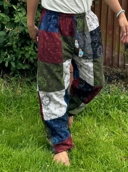 Patchwork Hippie Trousers: Sun, Moon & Mushroom Print - Eco Cotton