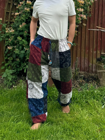 Patchwork Hippie Trousers: Sun, Moon & Mushroom Print - Eco Cotton