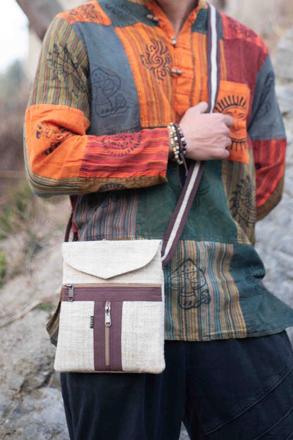 Boho Hemp Crossbody Bag: Handmade 3-Pocket Mini Purse