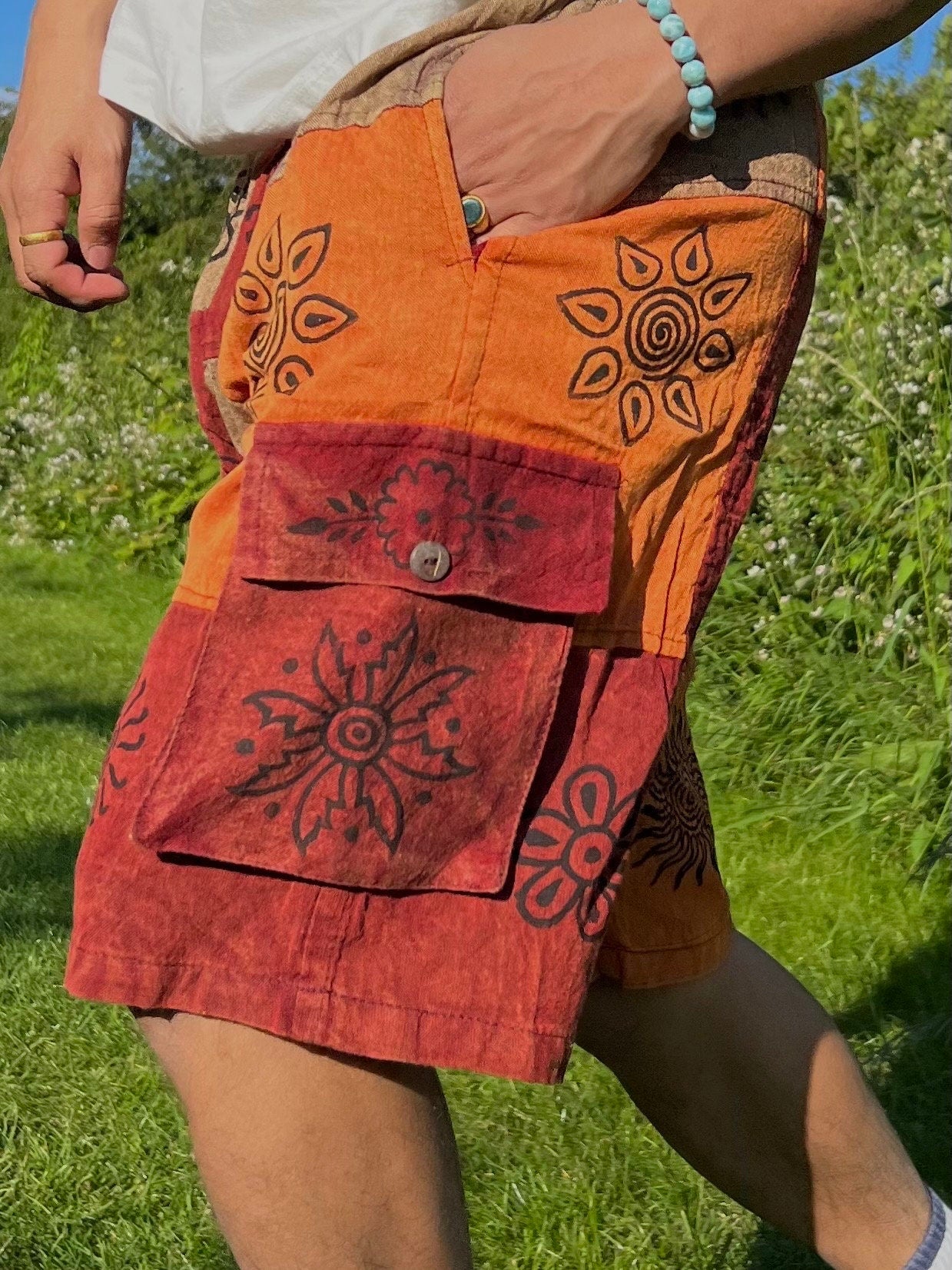 Handmade Patchwork Cotton Cargo Shorts: Hippie Bohemian Style