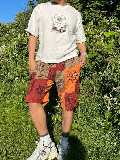 Handmade Patchwork Cotton Cargo Shorts: Hippie Bohemian Style