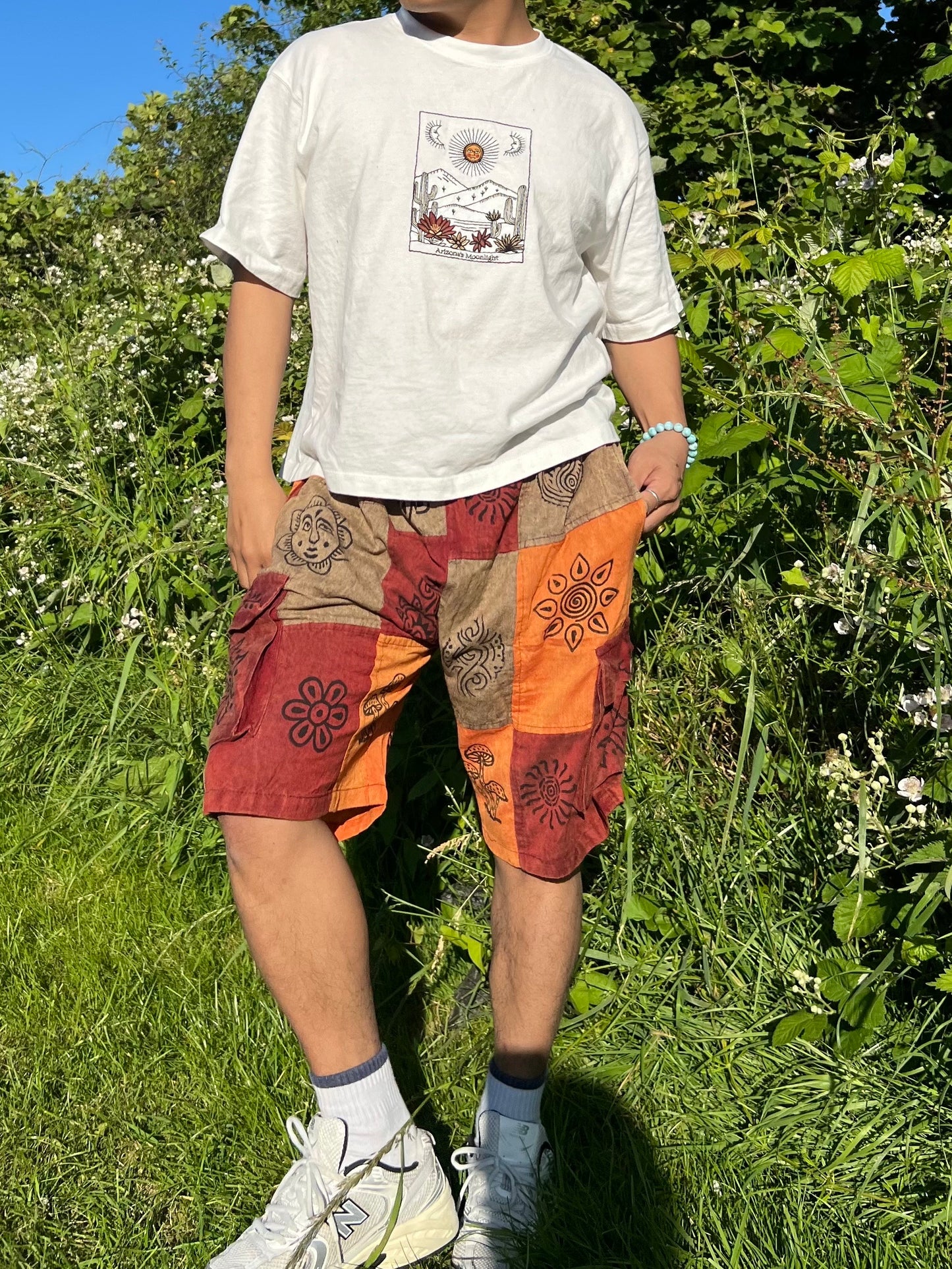Handmade Patchwork Cotton Cargo Shorts: Eco-Friendly Hippie Style