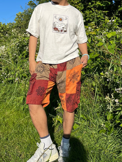 Handmade Patchwork Cotton Cargo Shorts: Eco-Friendly Hippie Style