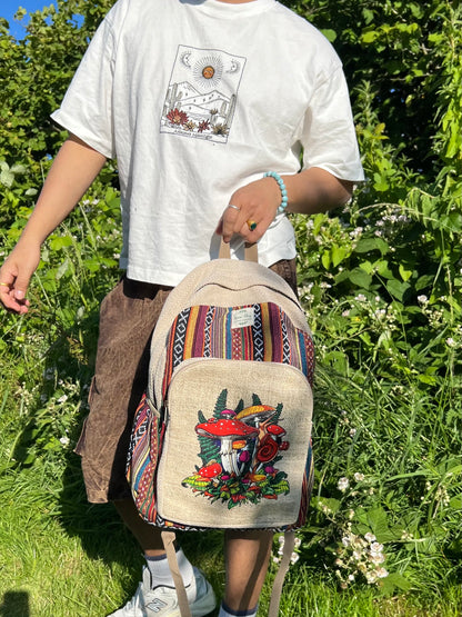 Handmade Mushroom Print Backpack: Hemp & Cotton Boho Rucksack