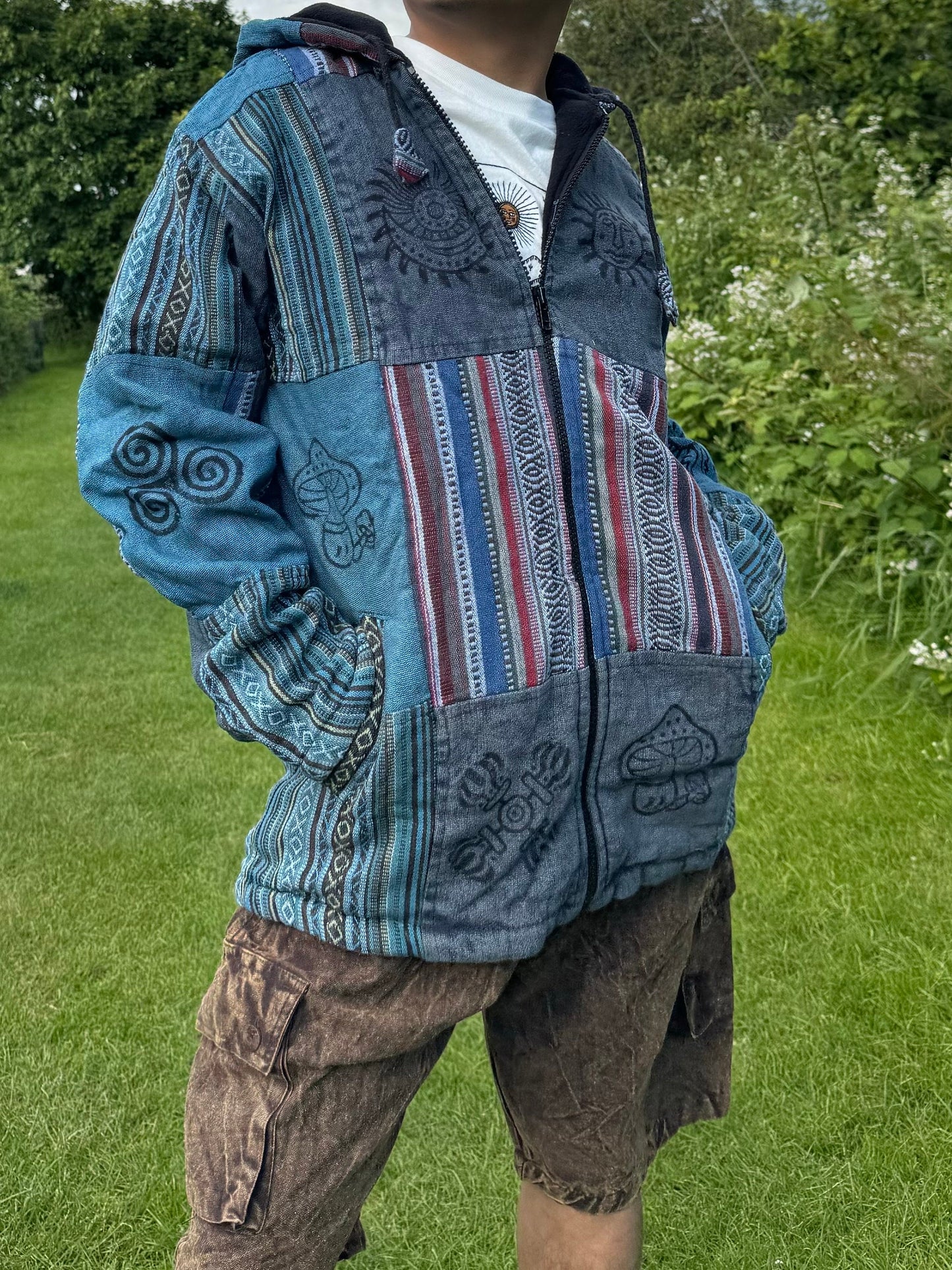 Mens Patchwork Fleece Lined Winter Jacket Boho Hippy Zipped Tops coat