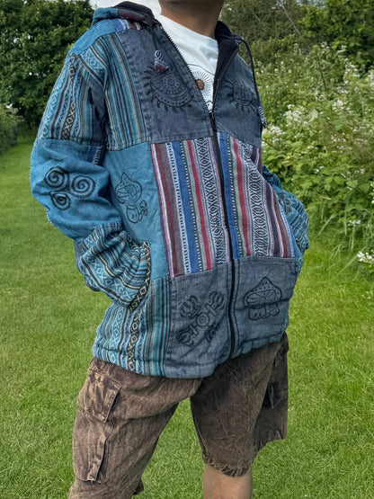 Mens Patchwork Fleece Lined Winter Jacket Boho Hippy Zipped Tops coat