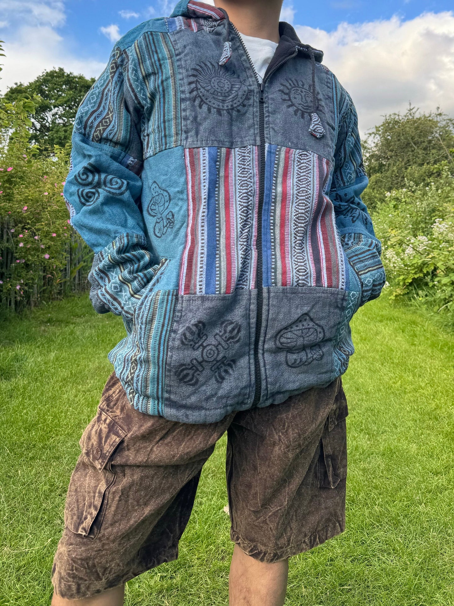 Mens Patchwork Fleece Lined Winter Jacket Boho Hippy Zipped Tops coat