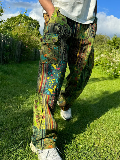 Patchwork Cotton Pants: Unisex Mushroom Print Festival Trousers
