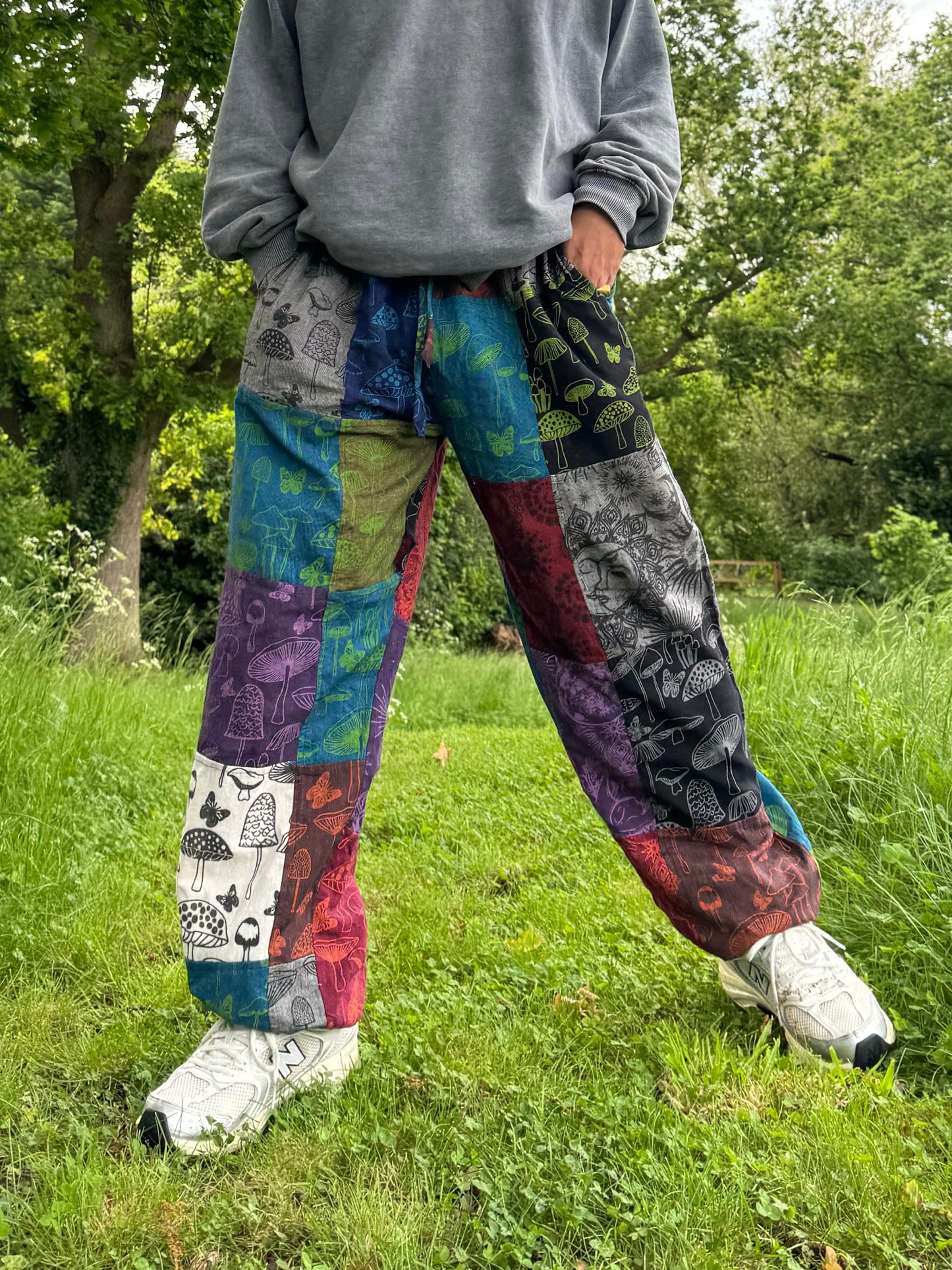 Patchwork Hippie Trousers: Sun, Moon & Mushroom Print - Eco Cotton