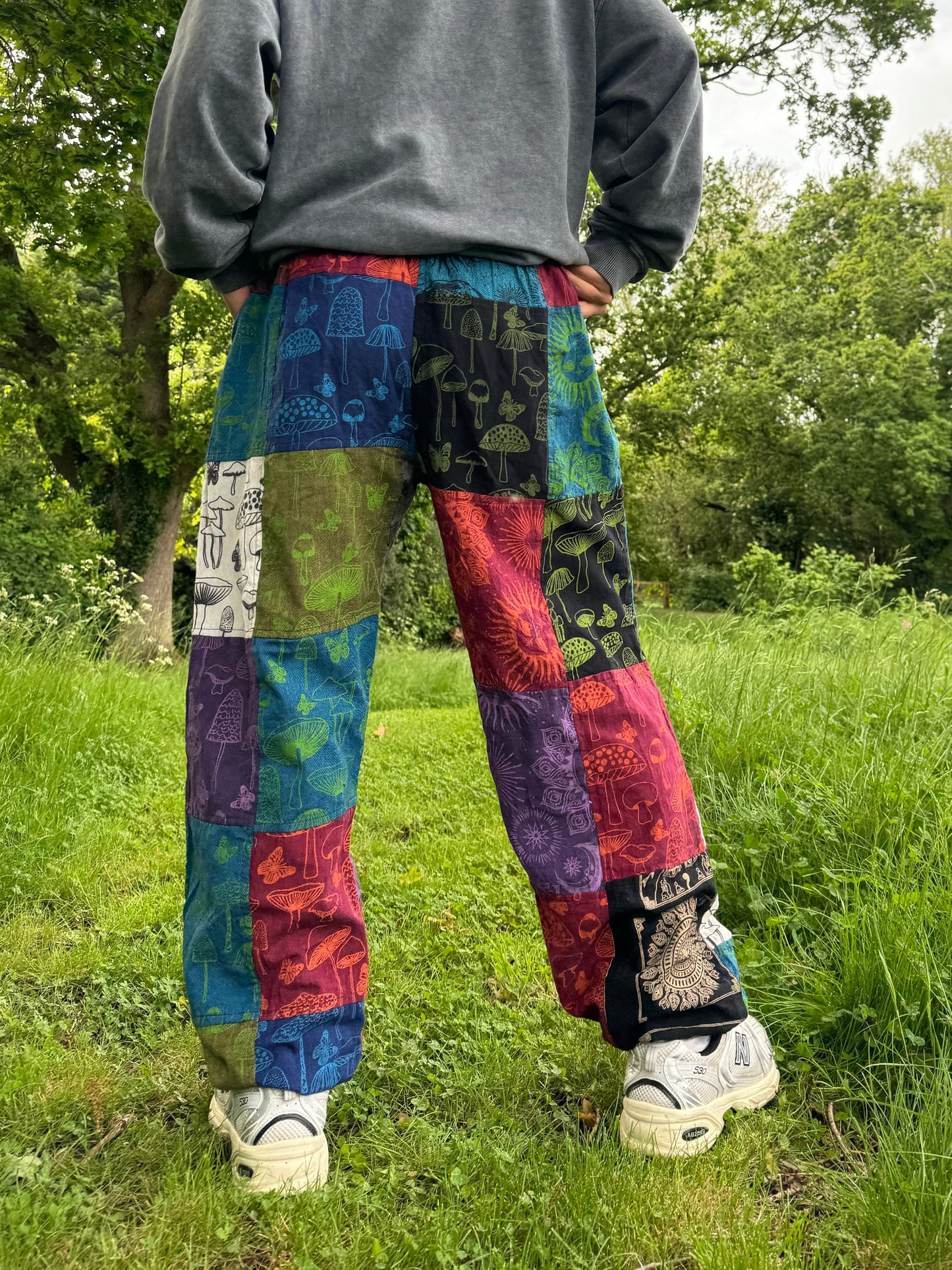 Patchwork Hippie Trousers: Sun, Moon & Mushroom Print - Eco Cotton