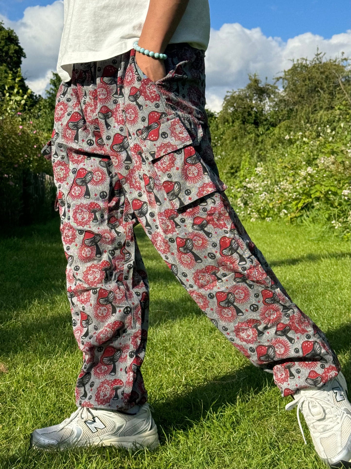 Hippie Mushroom Print Cotton Trousers: Festival Boho Pants