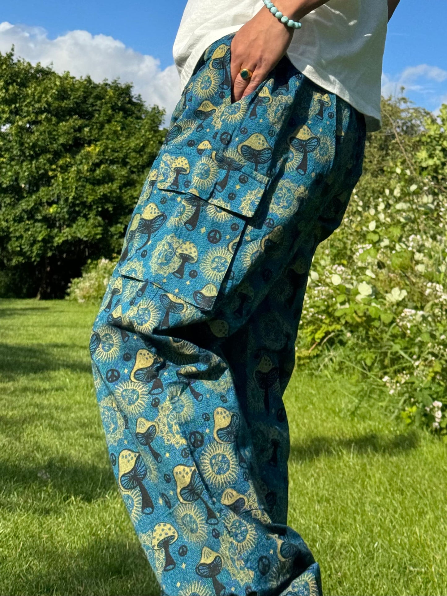 Mushroom Print Hippie Trousers: Eco-Friendly Cotton Festival Pants