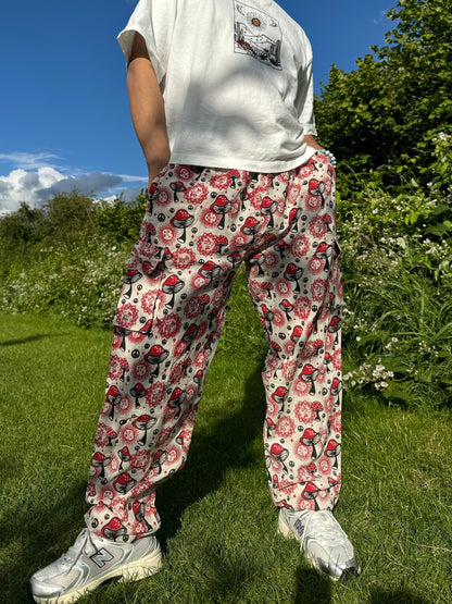 Hippie Mushroom Print Cotton Trousers: Festival Boho Pants
