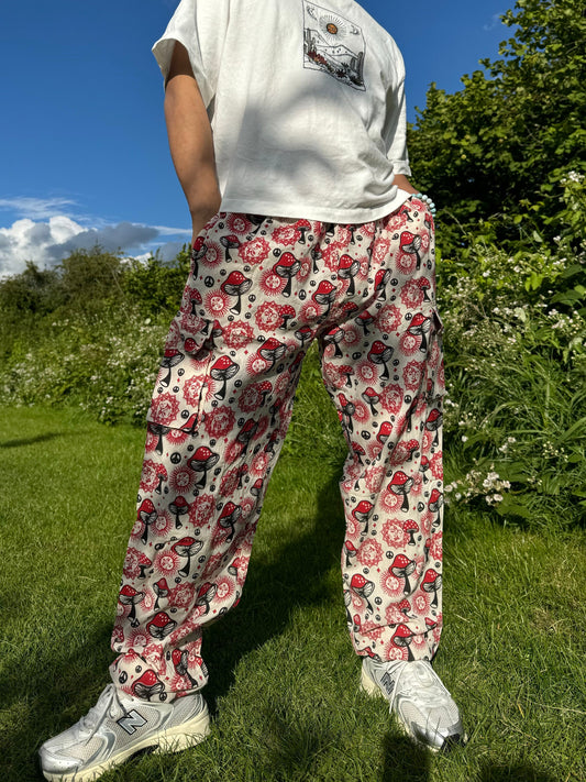 Hippie Mushroom Print Cotton Trousers: Festival Boho Pants