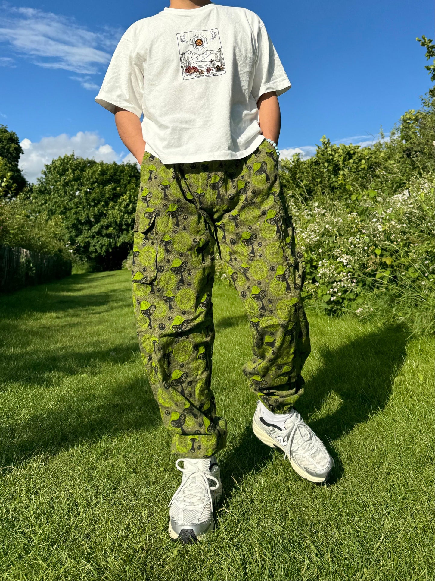 Mushroom Print Hippie Trousers: Eco-Friendly Festival Pants