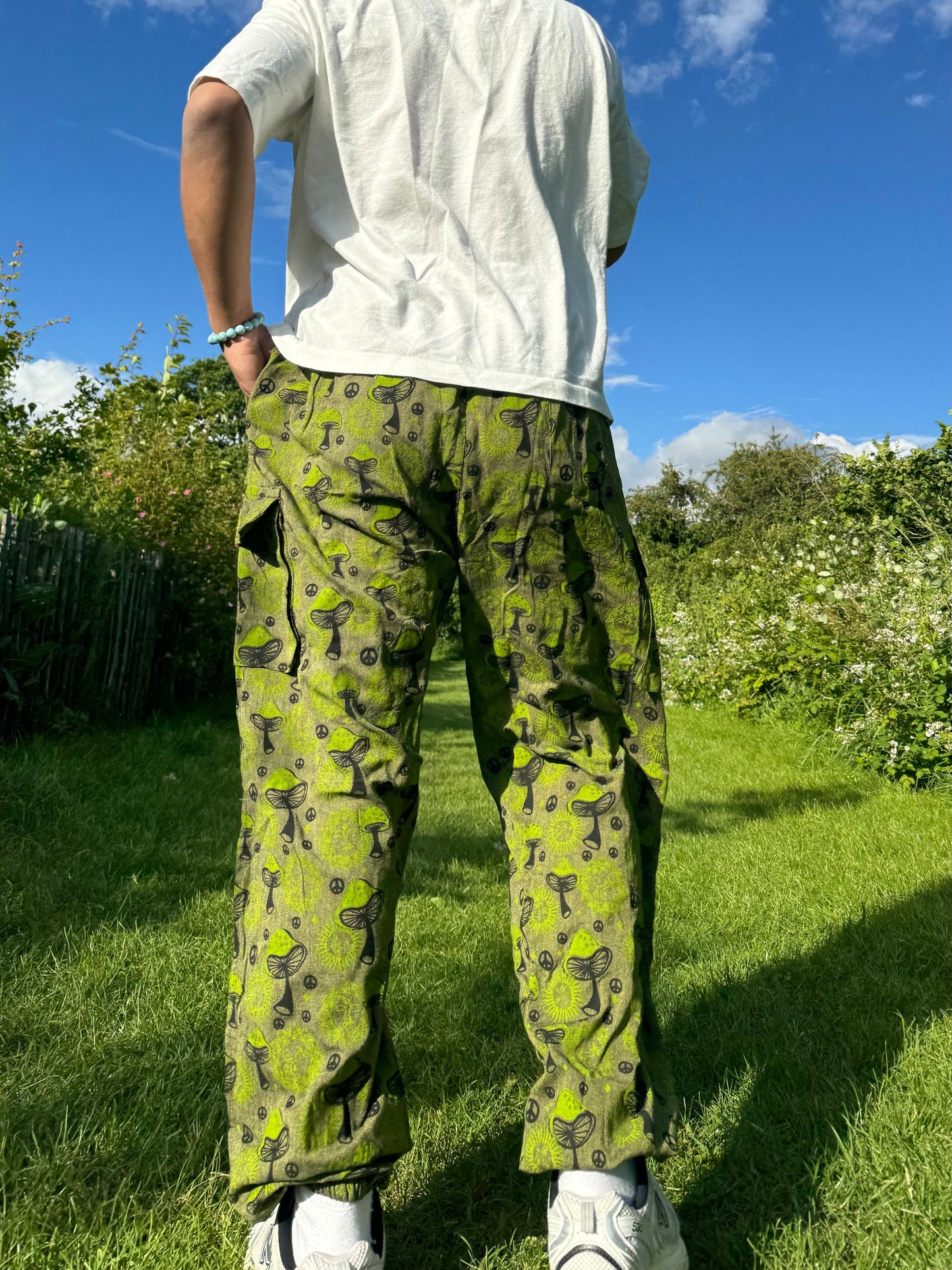 Mushroom Print Hippie Trousers: Eco-Friendly Festival Pants