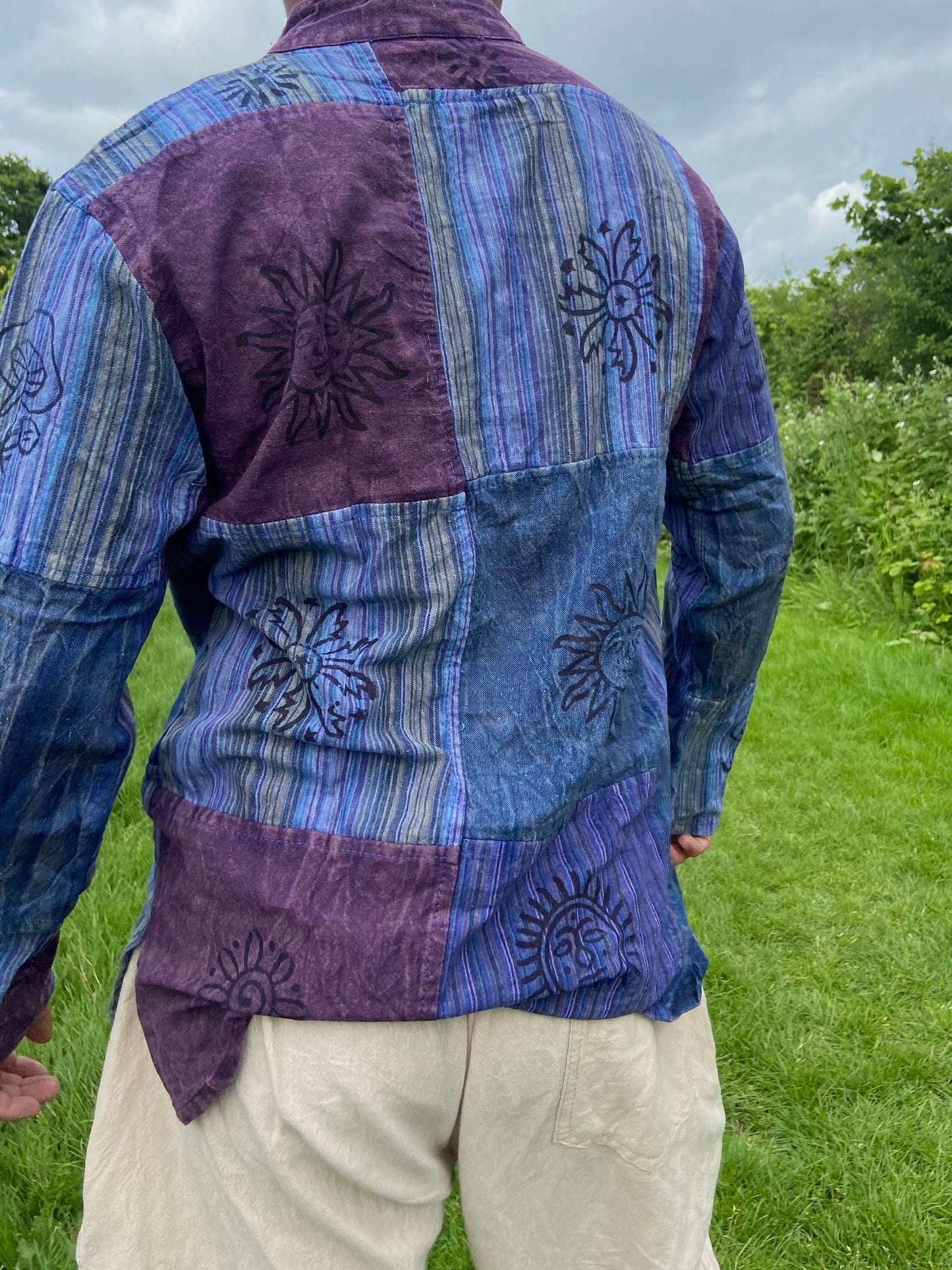 Handmade Cotton Patchwork Shirt: Nepali Blockprint Stonewash Design