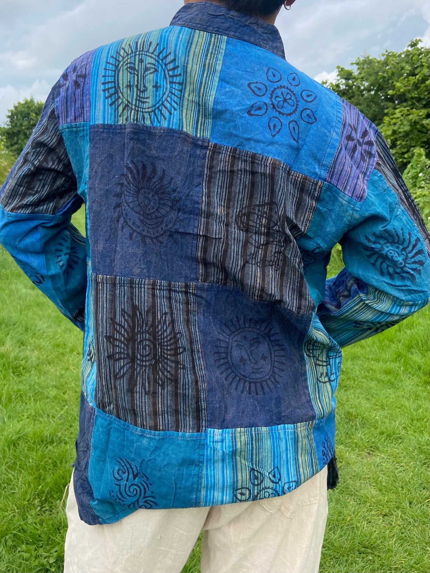 Handmade Cotton Patchwork Shirt: Nepali Blockprint Stonewash Design
