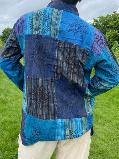 Handmade Cotton Patchwork Shirt: Nepali Blockprint Stonewash Design