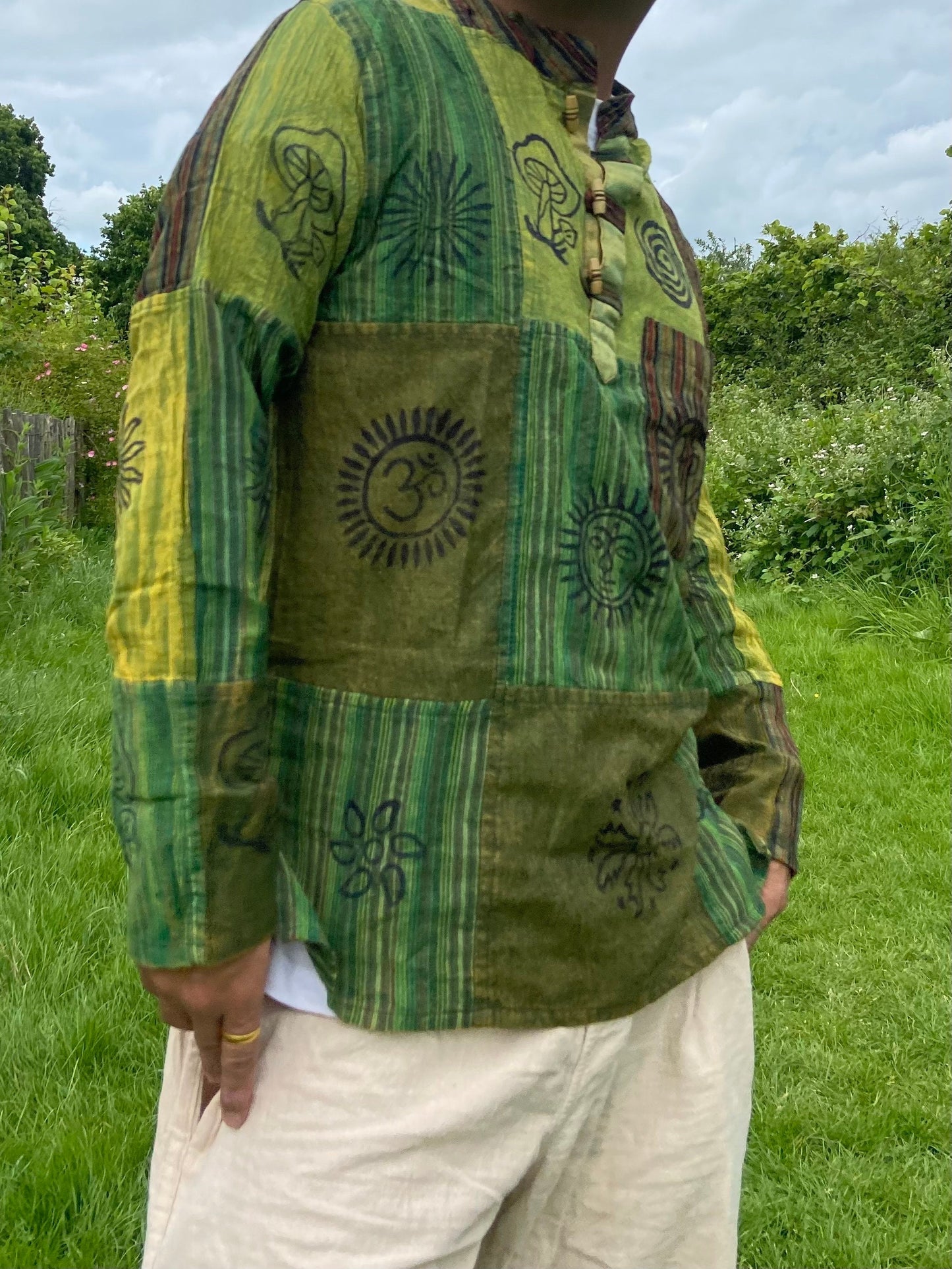 Handmade Cotton Patchwork Shirt: Nepali Blockprint Stonewash Design