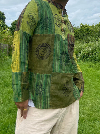 Handmade Cotton Patchwork Shirt: Nepali Blockprint Stonewash Design