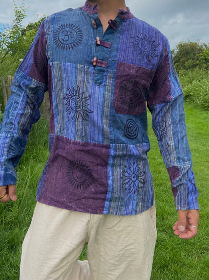 Handmade Cotton Patchwork Shirt: Nepali Blockprint Stonewash Design