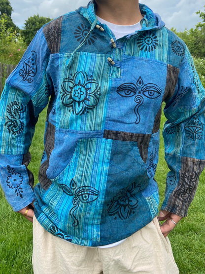 Blockprint Cotton Hoodie Shirt: Stonewash Nepali Patchwork, Eco Friendly