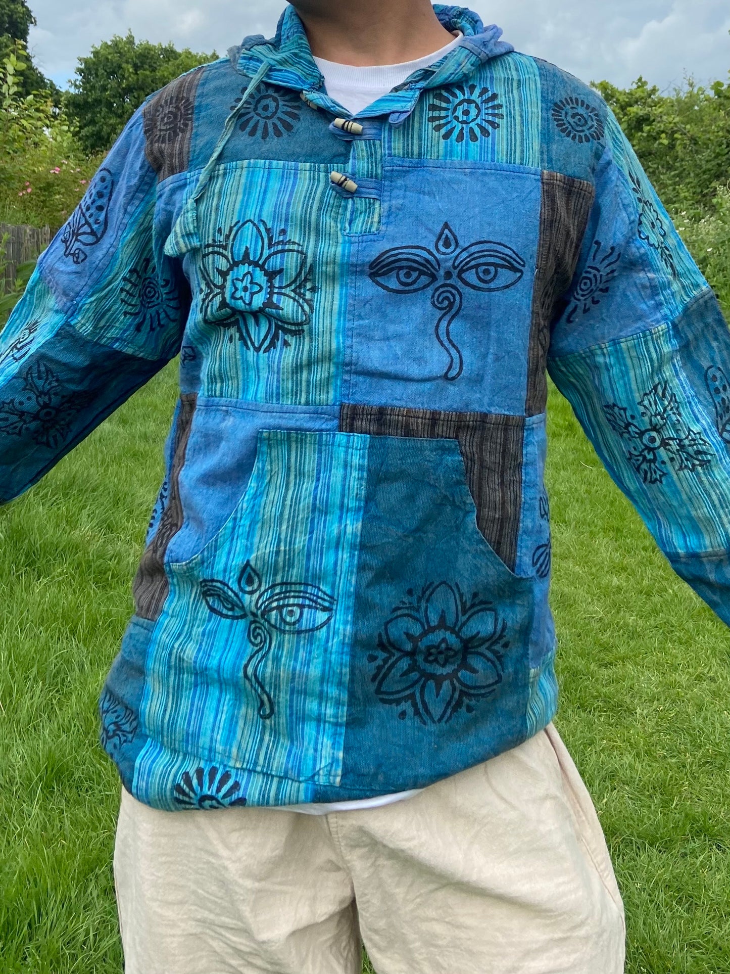 Blockprint Cotton Hoodie Shirt: Stonewash Nepali Patchwork, Eco Friendly