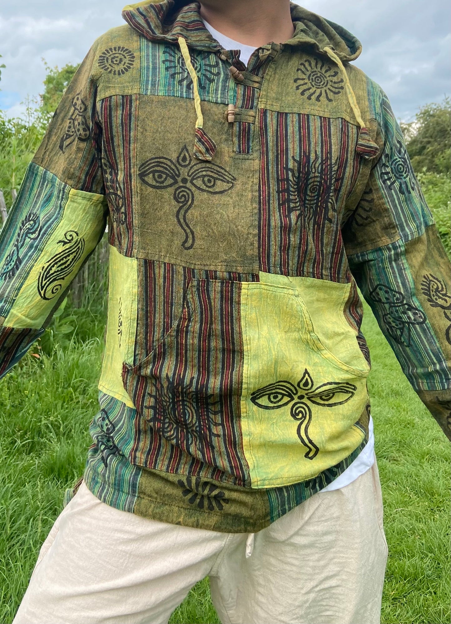 Blockprint Cotton Hoodie Shirt: Stonewash Nepali Patchwork, Eco Friendly