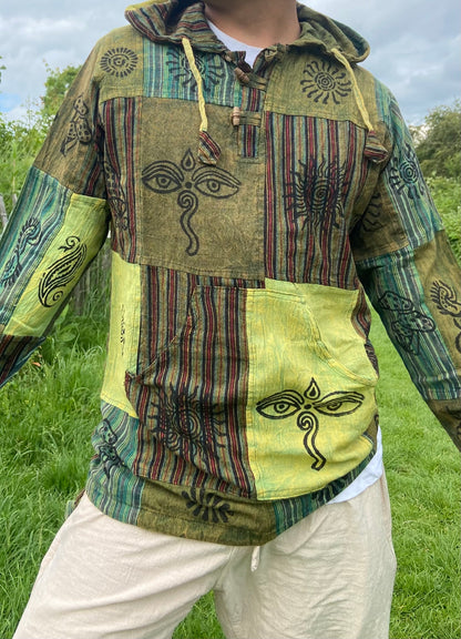 Blockprint Cotton Hoodie Shirt: Stonewash Nepali Patchwork, Eco Friendly