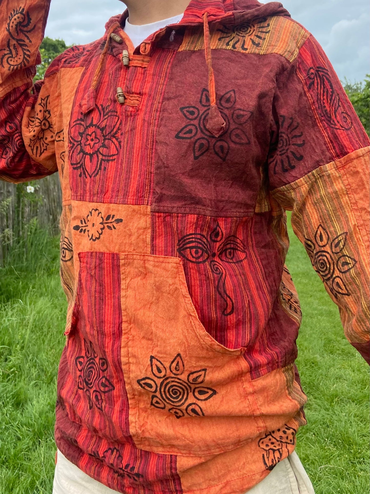 Blockprint Cotton Hoodie Shirt: Stonewash Nepali Patchwork, Eco Friendly