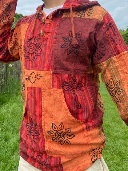 Blockprint Cotton Hoodie Shirt: Stonewash Nepali Patchwork, Eco Friendly