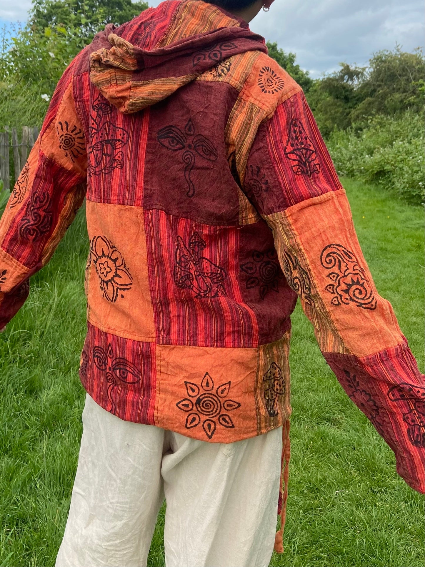 Blockprint Cotton Hoodie Shirt: Stonewash Nepali Patchwork, Eco Friendly