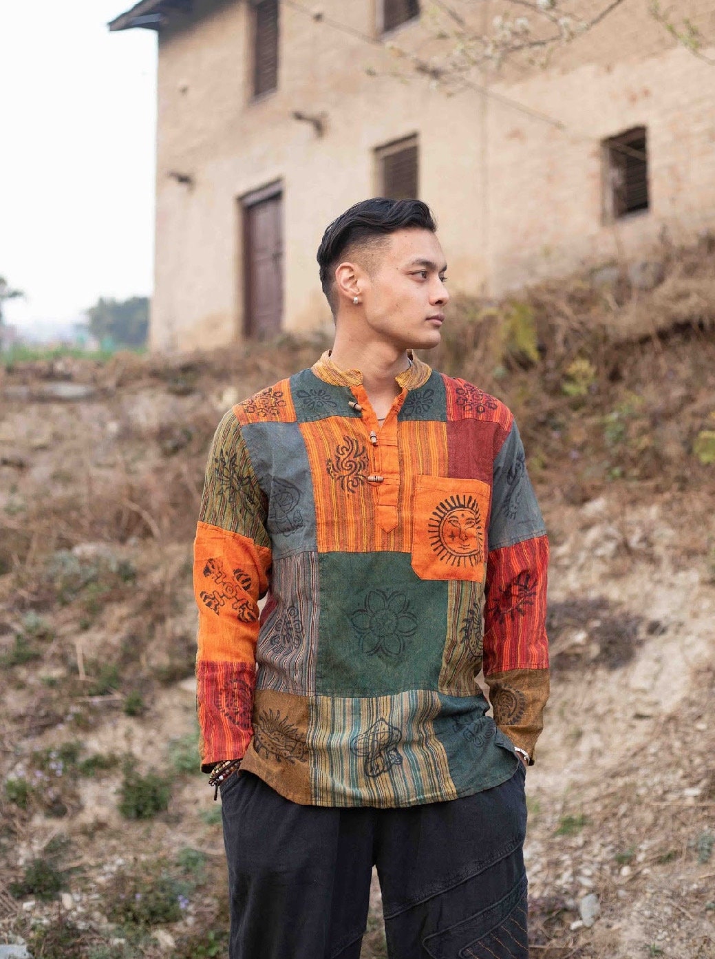 Handmade Cotton Patchwork Shirt: Nepali Blockprint Overdye, Festival Hippie Style