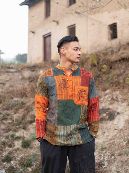 Handmade Cotton Patchwork Shirt: Nepali Blockprint Overdye, Festival Hippie Style