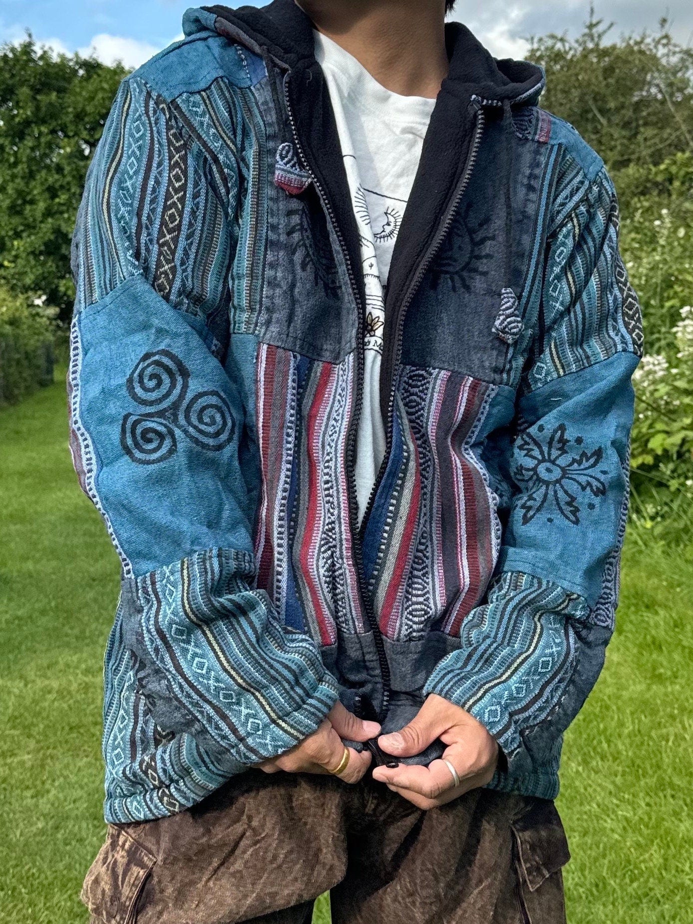 Mens Patchwork Fleece Lined Winter Jacket Boho Hippy Zipped Tops coat