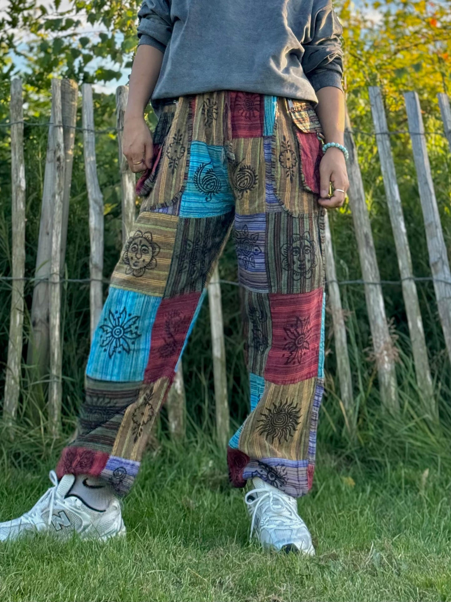 Boho Patchwork Trousers – Multicolour Festival Pants | Unisex Free Size | Handmade Hippie Pants from Nepal