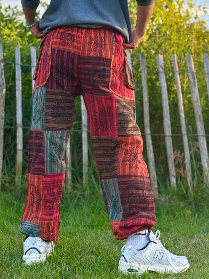 Boho Patchwork Trousers – Multicolour Festival Pants | Unisex Free Size | Handmade Hippie Pants from Nepal