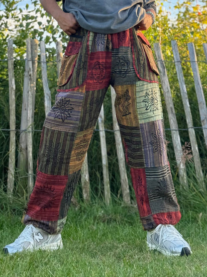 Boho Patchwork Trousers – Multicolour Festival Pants | Unisex Free Size | Handmade Hippie Pants from Nepal