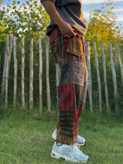 Boho Patchwork Trousers – Multicolour Festival Pants | Unisex Free Size | Handmade Hippie Pants from Nepal
