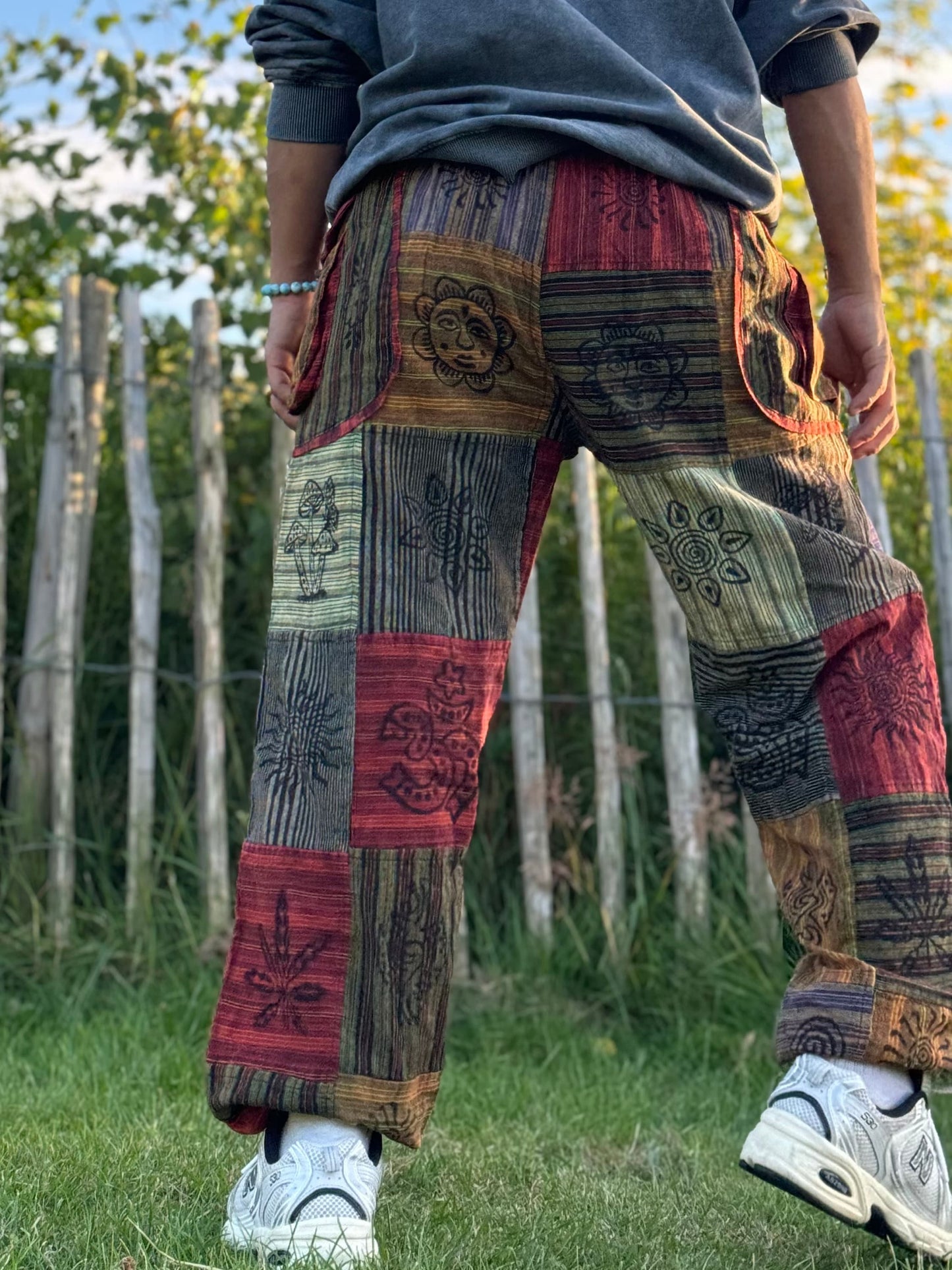 Boho Patchwork Trousers – Multicolour Festival Pants | Unisex Free Size | Handmade Hippie Pants from Nepal