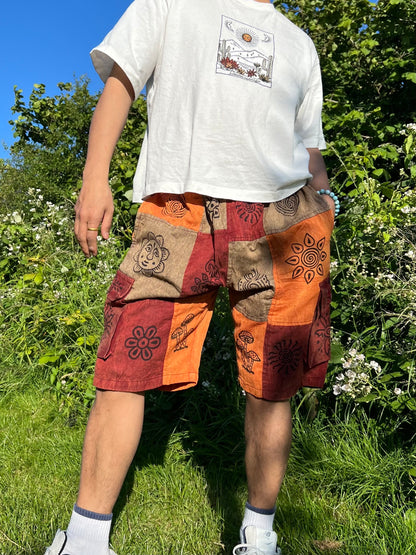 Handmade Patchwork Cotton Cargo Shorts: Hippie Bohemian Style