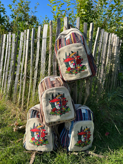 Handmade Mushroom Print Backpack: Hemp & Cotton Boho Rucksack