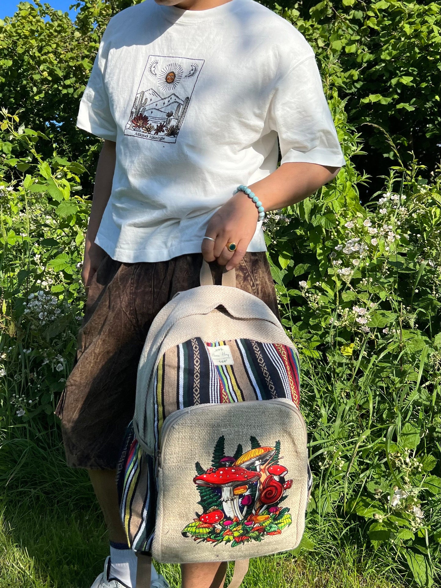 Handmade Mushroom Print Backpack: Hemp & Cotton Boho Rucksack