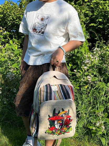 Handmade Mushroom Print Backpack: Hemp & Cotton Boho Rucksack