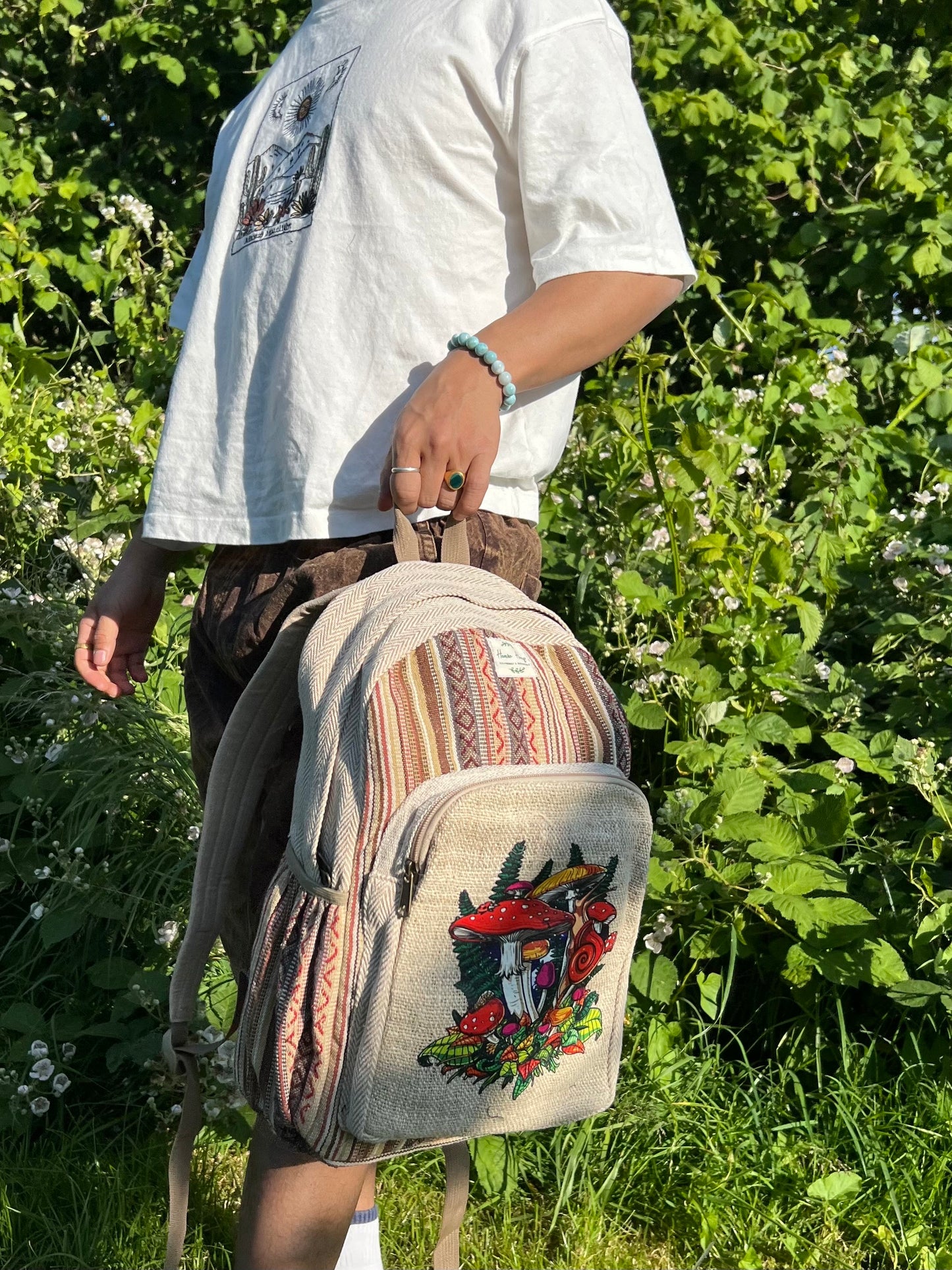 Handmade Mushroom Print Backpack: Hemp & Cotton Boho Rucksack