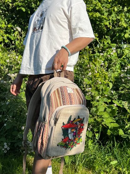 Handmade Mushroom Print Backpack: Hemp & Cotton Boho Rucksack