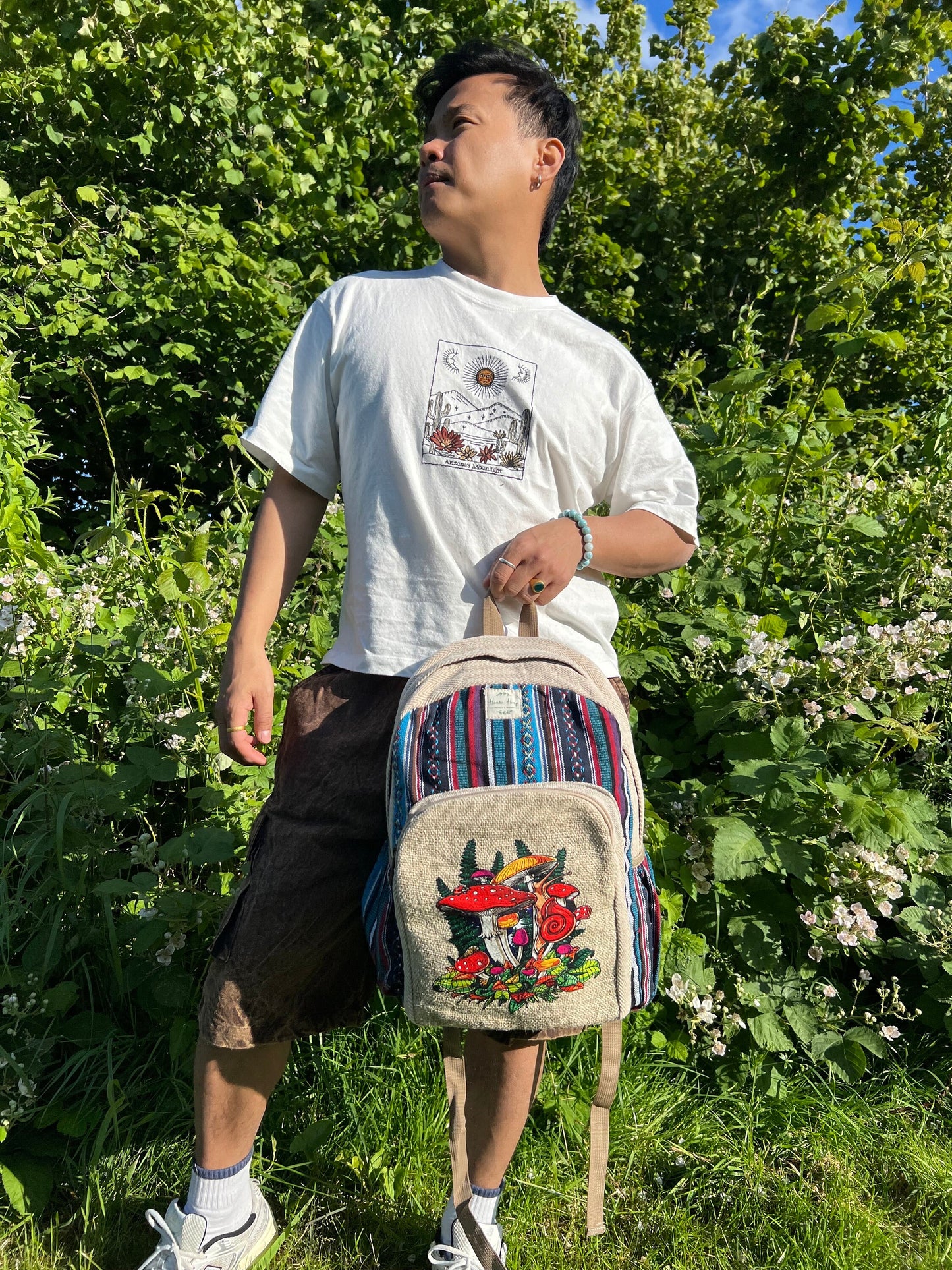 Handmade Mushroom Print Backpack: Hemp & Cotton Boho Rucksack