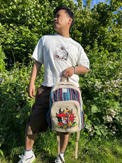 Handmade Mushroom Print Backpack: Hemp & Cotton Boho Rucksack