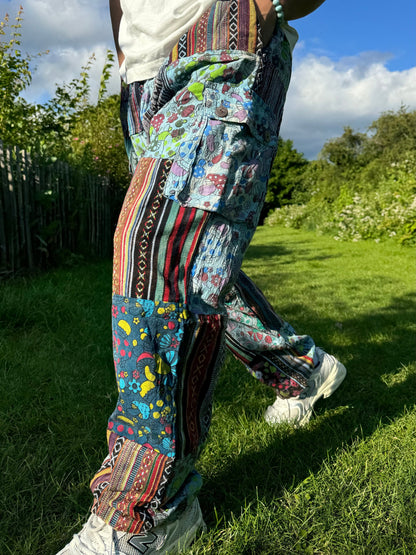Patchwork Cotton Pants: Unisex Mushroom Print Festival Trousers